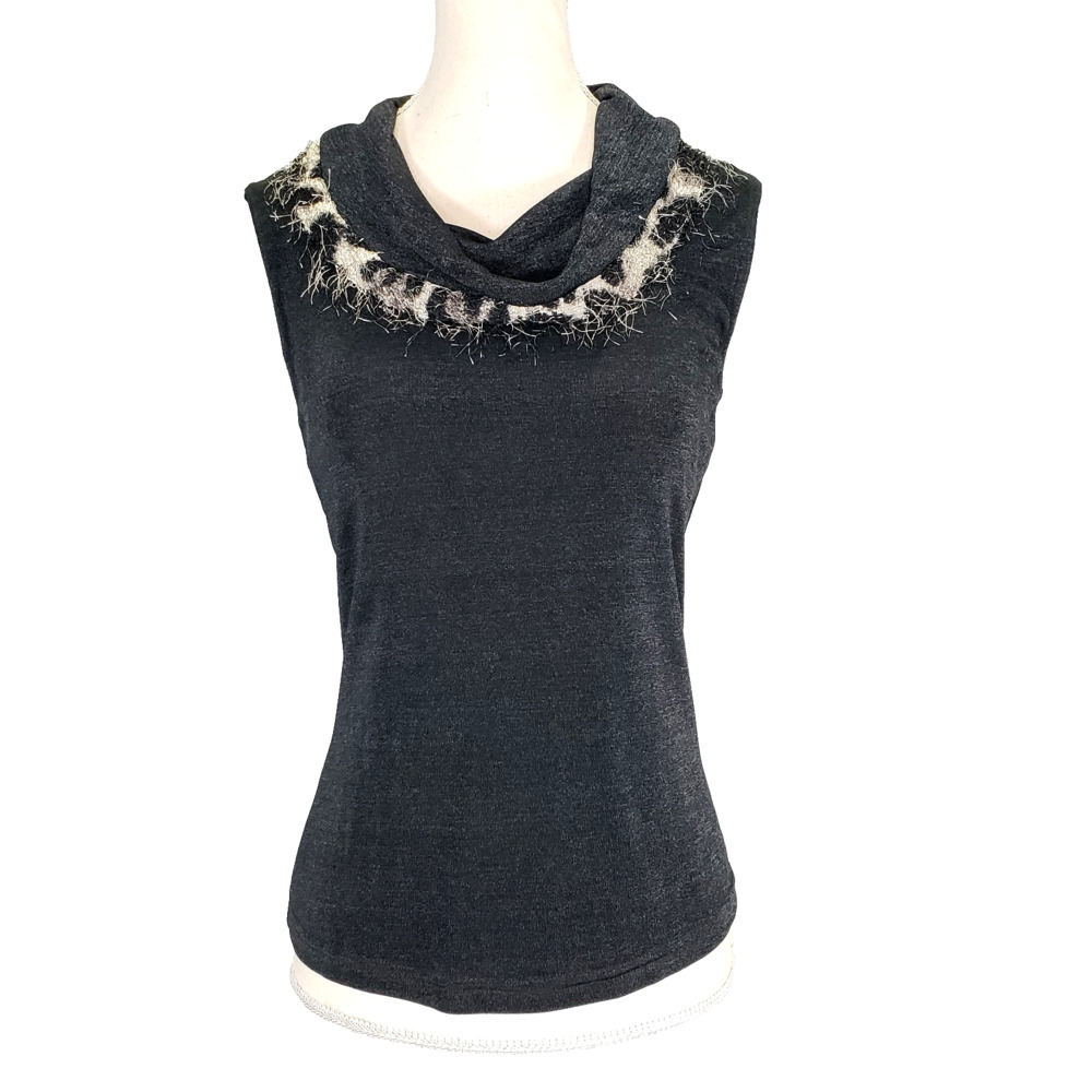 Joseph Ribkoff Sweater Womens 6 Black Ivory Cowl Neck Sleeveless Stretch Knit